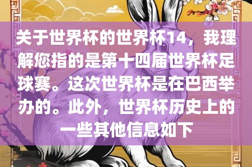 关于世界杯的世界杯14，我理解您指的是第十四届世界杯足球赛。这次世界杯是在巴西举办的。此外，世界杯历史上的一些其他信息如下