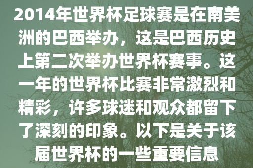 2014年世界杯足球漯河市盈旭机械设备有限公司赛是在南美洲的巴西举办，这是巴西历史上第二次举办世界杯赛事。这一年的世界杯比赛非常激烈和精彩，许多球迷和观众都留下了深刻的印象。以下是关于该届世界杯的一些重要信息