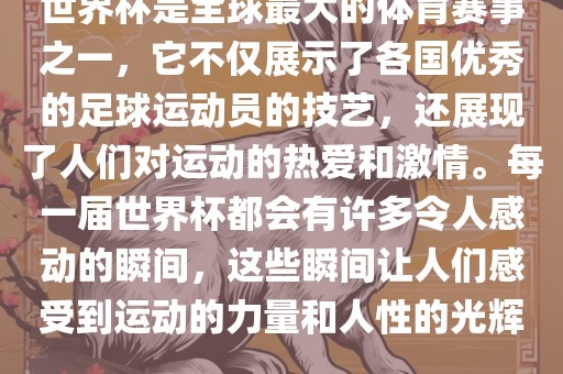 世界杯是全球最大的体育赛事之一，它不仅展示了各国优秀的足球运动员的技艺，还展现了人们对运动的热爱和激情。每一届世界杯都会有许多令人感动的瞬间，这些瞬间让人们感受到运动的力量和人性的光辉。
