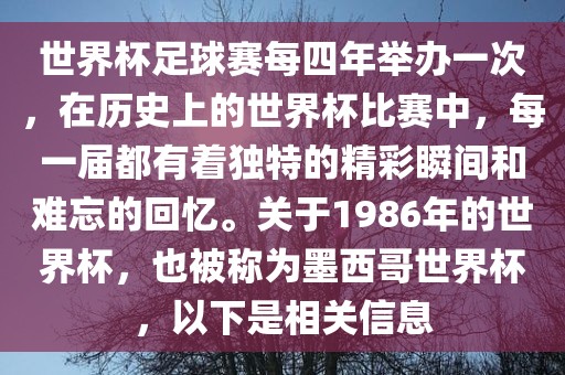 世界杯足球赛每四年举办一次，在历史上的世界杯比赛中，每一届都有着独特的精彩瞬间和难忘的回忆。关于1986年的世界杯，也被称为墨西哥世界杯，以下是相关信息