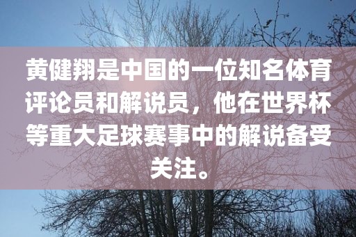 黄健翔是中国的一位知名体育评论员和解说员，他在世界杯等重大足球赛事中的解说备受关注。