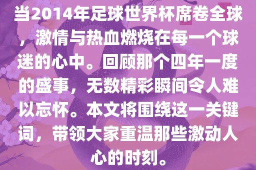 当2014年足球世界杯席卷全球，激情与热血燃烧在每一个球迷的心中。回顾那个四年一度的盛事，无数精彩瞬间令人难以忘怀。本文将围绕这一关键词，带领大家重温那些激动人心的时刻。