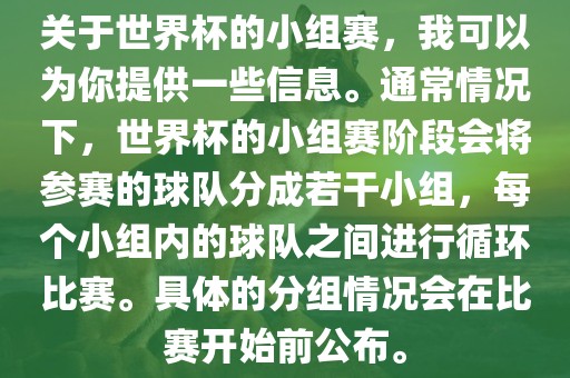 关于世界杯的小组赛，我可以为你提供一些信息。通常情况下，世界杯的小组赛阶段会将参赛的球队分成若干小组，每个小组内的球队之间进行循环比赛。具体的分组情况会在比赛开始前公布。